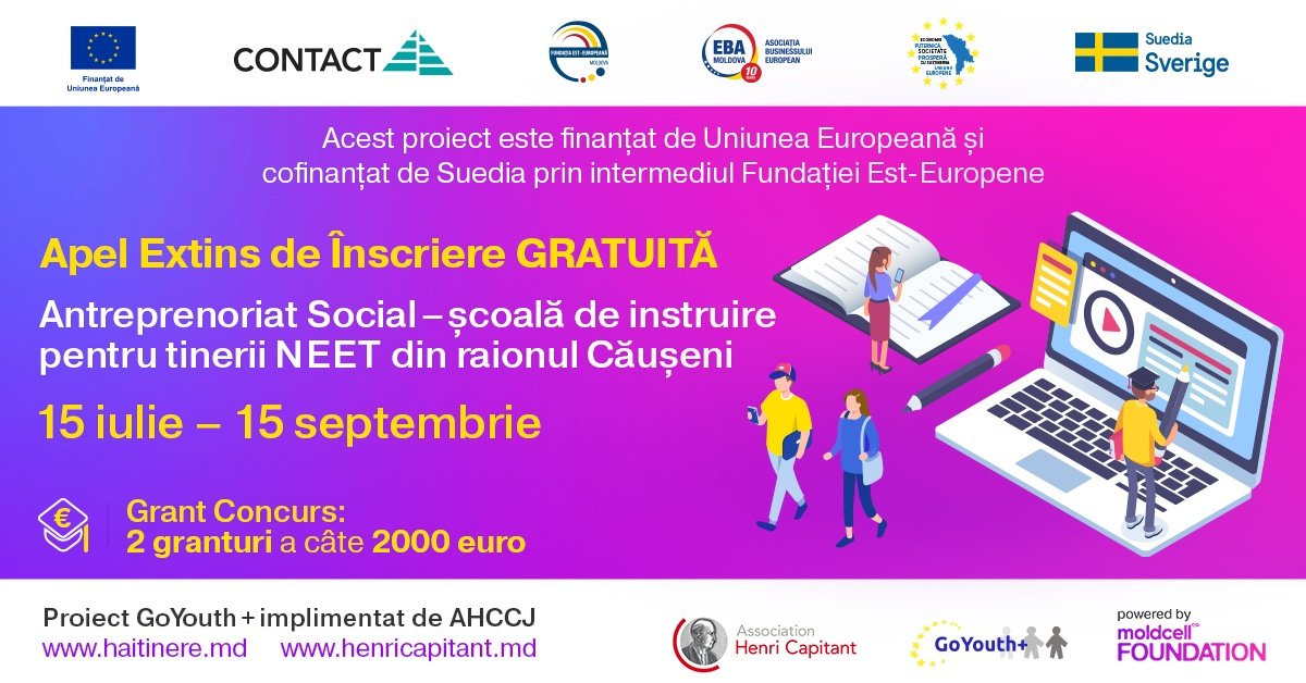 APEL EXTINS de înscriere gratuită la Școala de instruire cu privire la Antreprenoriatul social pentru Tinerii NEET din r. Căușeni până la 05.07.2022