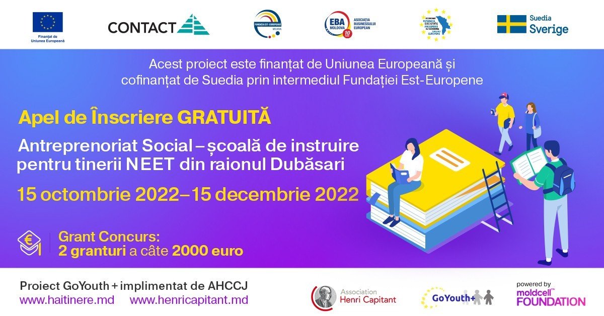 ASOCIAȚIA OBȘTEASCĂ DE CULTURĂ JURIDICĂ HENRI CAPITANT MOLDOVA (AHCCJ) LANSEAZĂ APELUL DE ÎNSCRIERE LA ȘCOALA DE INSTRUIRE CU PRIVIRE LA ANTREPRENORIATUL SOCIAL PENTRU TINERII NEET DIN R-NUL DUBĂSARI